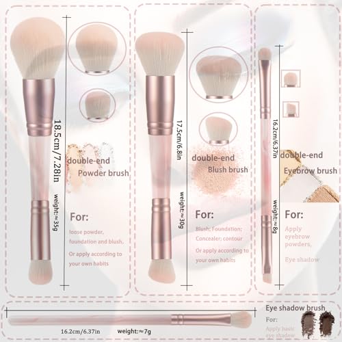 4PCS Pink Dual-Ended Makeup Brushes Set, Soft Synthetic Fiber Foundation Concealer Blending Eyeshadow Kabuki Brush, Travel-Friendly with Pouch, Vegan & Cruelty-Free