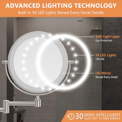 Auxmir 1X/30X Wall Mounted Makeup Mirror with Light, 8" Rechargeable Double-Sided Magnifying Mirror, Vanity Mirror Dimmable 3 Color Light, 360¡Æ Extension Rotation Foldable 14.5 Inch Arm, Chrome