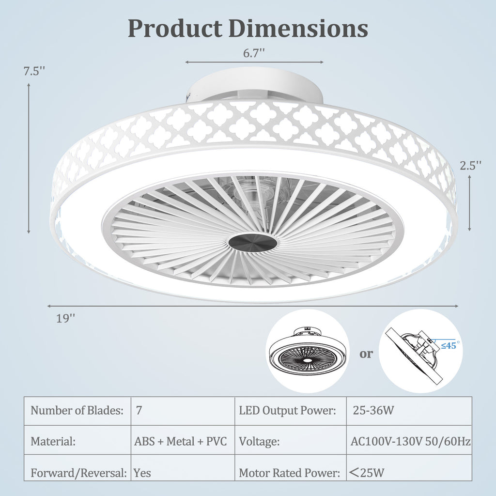 White 19-Inch Ceiling Fan with Light Low Profile Flush Mount – Adjustable Brightness & Quiet Motor