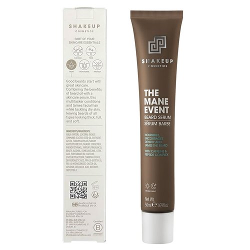 Shakeup Cosmetics Mens Beard Serum & Beard Oil, Supports Thicker & Fuller Beard, Helps Tame Dry & Unruly Hair, Nourishing with Castor Oil, Caffeine & Peptide Complex, 50ml. Aka. THE MANE EVENT