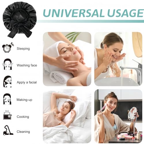 Silk Bonnet for Sleeping Women, Ajustable Hair Bonnet for Curly Hair with Tie Band Shower Caps Black£¬Large