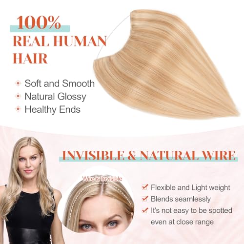 Benehair Halo Blonde Hair Extensions Real Human Hair Halo Extensions for Women 100% Human Hair Invisible Wire Hair Extensions Ash Blonde Highlights Bleach Blonde #18P613 22"
