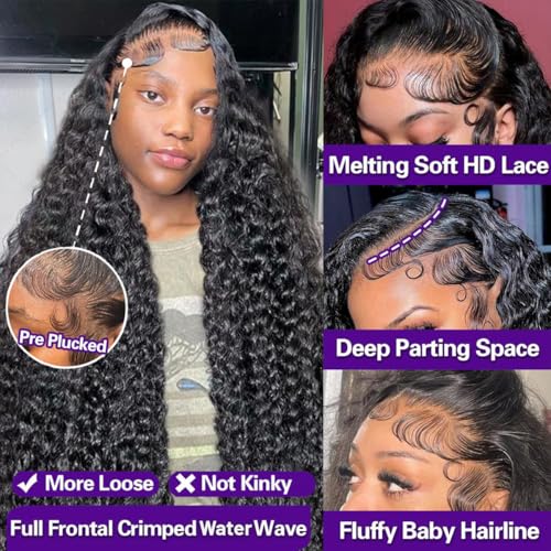 Water Wave Lace Front Wigs Human Hair 13x6 Full Frontal HD Transparent Human Hair Lace Front Wigs for Women 180% Density Deep Curly Human hair Wigs Wet And Wavy Pre Plucked with Baby Hair 30 Inch