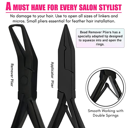 Hair Extension Tools Kit Includes Micro Beads Remover & Crimping Pliers set, Stainless Steel Micro Rings Pulling Hook & Loop Tool Packed in Soft Case (Black with Rubber Grip)