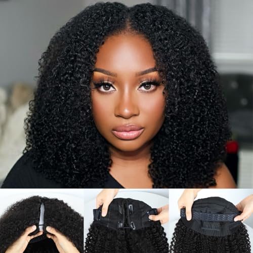 Domiso Afro Kinky Curly V Part Wig Human Hair Pre-Minimum Leave Out Upgraded V Part Wigs with Anti Slip Elastic Band and Removable Clips for Secure 20 Inch