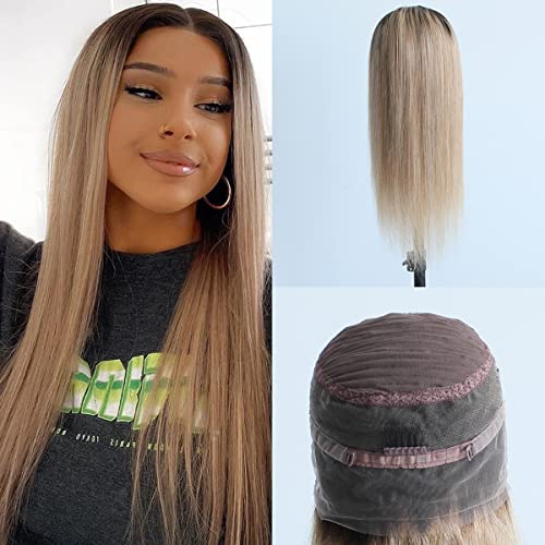 Pre-plucked Ombre #1B/27 Dark Root Honey Blonde 360 Lace Frontal Wigs Straight Glueless 150% Density Brazilian Virgin Human Hair With Baby Hair Full (18" inch, Straight)