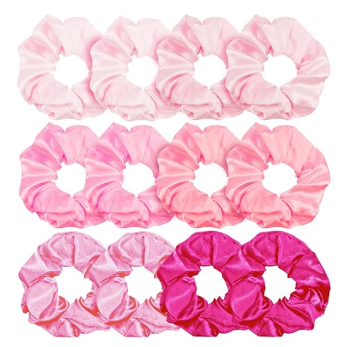 Pink Silk Hair Scrunchies for Women Girls 12Pcs Bulk for Thick Hair No Damage Hair Ties Accessories