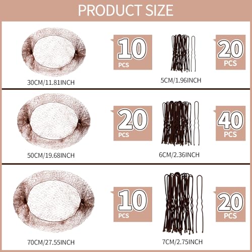 Teenitor Hair Accessories Hair Net Set, Includes 40pcs Invisible Hair Nets for Ballet Recital & 80pcs Bobby Pins for Bun Maker, Brown, 3 Size