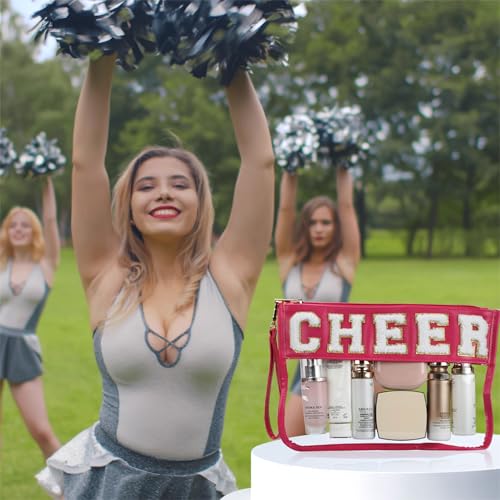 Cheer Chenille Letter Bags Clear Makeup Bag, Cheerleader Gifts Cosmetic Bag, Varsity Preppy Patch Flat Pouch Cheer Accessories, Waterproof PVC Organizer Toiletry Bag for Women Girls