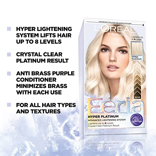 L¡¯Oreal Paris Feria Hyper Platinum Hair Bleach, Lifts Up To 8 Levels, Includes Anti Brass Purple Conditioner, Hyper Platinum Blonde Hair Dye Kit, Pack of 2