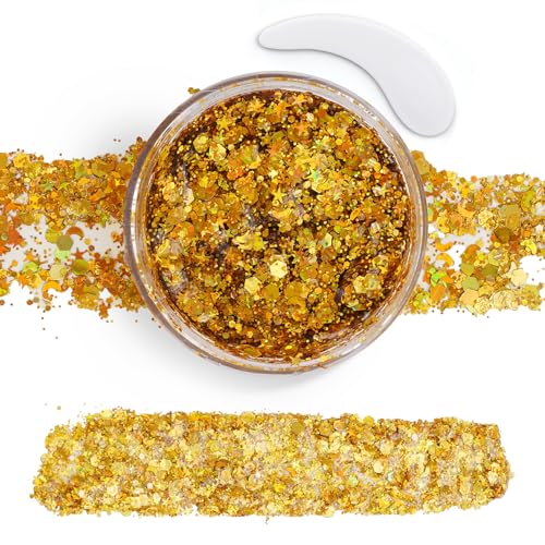 Gold Body Glitter Gel,Face Hair Glitter Makeup,Music Festival Concert Outfit Rave Pride Accessories for Women,Mermaid Sequins Chunky Glitter Face Paint,Hair Glitter Gel for Halloween