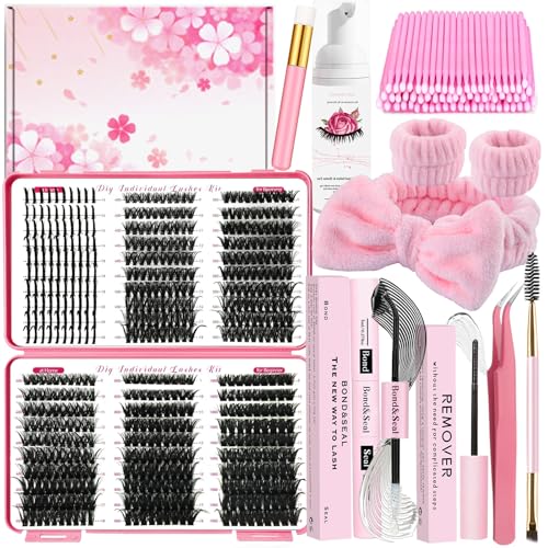 580PCS DIY Lash Clusters Kit with Lash Spikes Eyelash Clusters D Cluster Eyelash Extensions Lash Bond and Seal Glue Remover Tweezers Eyelash Shampoo Cleansing Brush Headband Wristband