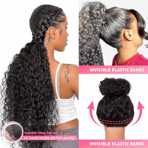 360 HD Lace Water Wave Wig Human Hair ? Hidden Strap Glueless Wig for Women, Pre Plucked Natural Hairline, Bleached Knots, Beginner Friendly, Invisible Secure Fit, 250% Density, Natural Black