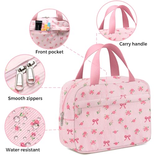 Small Makeup Bag for Purse Cute Corduroy Cosmetic Pouch with Zipper Travel Toiletry Bag for Women(Flower bow pink)