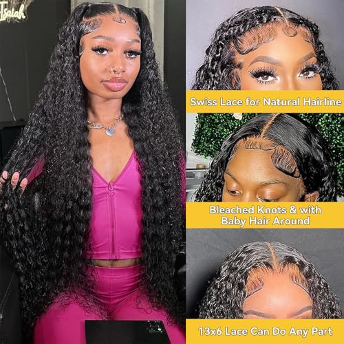 13x6 Deep Wave Lace Front Wigs Human Hair Pre Plucked 32 Inch 180 Density HD Lace Frontal Wigs Human Hair Deep Curly Wig Natural Color