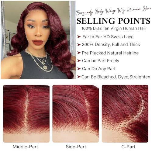 Gemlong 30 Inch 99J Burgundy Lace Front Wigs Human Hair Body Wave 13x4 HD Transparent Pre Plucked Glueless Lace Frontal Wig Human Hair 200% Density Red Wine Colored Human Hair Wigs for Women