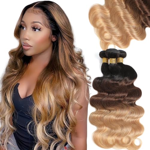 Ombre Human Hair Bundles (T1B/4/27, 20 22 24) Body Wave Bundles Human Hair 12A 100% Brazilian Virgin Remy Hair 3 Tone Black to Honey Blonde Weave