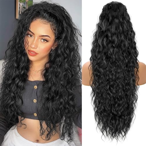 KooKaStyle Ponytail Extension 30 Inch Drawstring Pony Tails Hair Extensions for Women Long Curly Ponytail Synthetic Hairpieces for Daily Use£¨Black-1B£©
