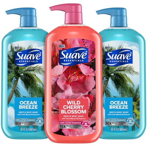 Suave Body Wash Variety Bundle ? Ocean Breeze 2-Pack & Wild Cherry Blossom, Gentle & Moisturizing Body Washes with Vitamin E, 30 Oz Ea (3 Piece Set)