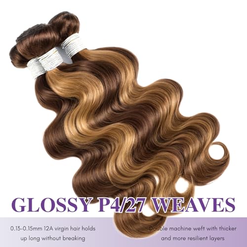 Honey Blonde Highlight 3 Bundles with 13x6 Frontal Human Hair 16 18 20+14 Inch, 12A Thick Track Body Wave Bundles With HD Lace Closure Frontal 13x6#P4/27 Brown Ombre Wavy Weave 100% Virgin Hair