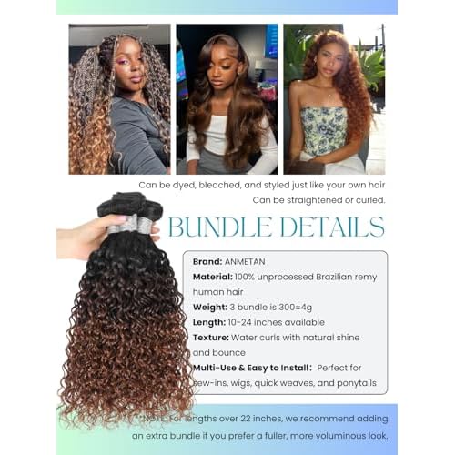 Ombre Human Hair Bundles with Closure 4x4 Water Wave, #T1B/2/30 Chestnut Ombre Brown Wet and Wavy Curly Remy Hair 3 Bundles and 4x4 HD Lace Closure Free Part 14/16/18+14 Inch Dark Roots Weave