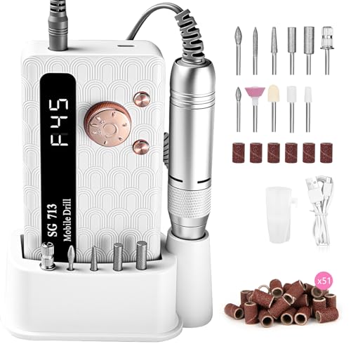 Electric Nail Drill - 45000RPM Portable Nail Drill?Rechargeable Nail E-File Kit with 11 Bits & Base?LED Screen?Ultra-Silent, Rechargeable Nail Drills Machine for Acrylic Nails Gel Polishing(White)