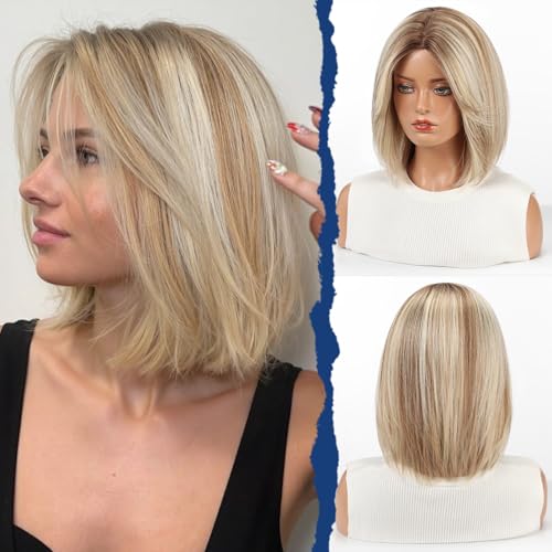starluck Human Hair Wigs for Women, Curtain Bangs Ombre Light Blonde Mixed Light Brown Bob Real Wig Human Hair with SilkHug Cap, 12 Inch Graduated Straight, Soft, Natural Look for Daily & Wear Parties