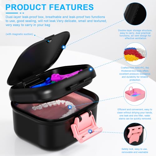 Leak Proof Denture Case, Travel Denture Cup for Soaking Dentures & Retainer, Retainer Cleaner Case, Upgraded Double-Layer False Teeth Container with Strainer, Black+Pink.