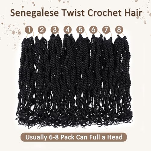 Kachanaa 10 Inch Wavy Senegalese Twist Crochet Hair for Black Women 8 Pack Short Pre-looped Crochet Braids with Curly End Synthetic Pre Twisted Havana Twist Braiding Hair for Kids Girls 1B#