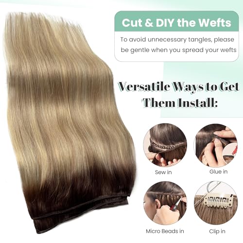 Sew in Hair Extensions Real Human Hair Balayage Brown and Blonde Hair Wefts 120G 22 Inch Thick Hair Bundles Ombre Brown to Ash Brown and Light Blonde Sew in Extensions Human Hair Weave