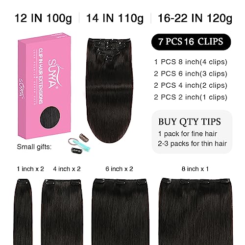 SUYYA Clip in Hair Extensions Real Human Hair,Hair Extensions Clip ins Straight Human Hair Clip ins Double Weft Natural Black Human Hair Clip in Extensions 7pcs 120g (22 inches #1B Off Black)