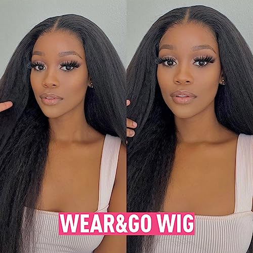 Domiso 22 Inch Wear and Go Glueless Wig Kinky Straight Lace Pre Cut 7x5 Lace Front Wigs Human Hair for Women Glueless Wig with Elastic Band Natural Hairline 200% Density Yaki Hair Natural Black