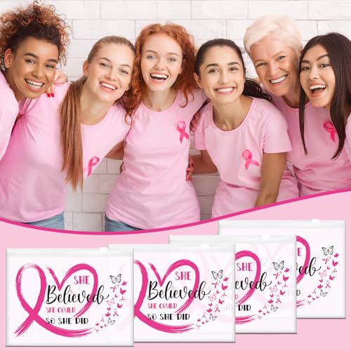 Jansun 50 Pcs Breast Cancer Awareness Make up Bag Pink Ribbon Cosmetic Bags Zipper Travel Toiletry Bag Breast Cancer Survivor Gifts for Woman Girls Charity