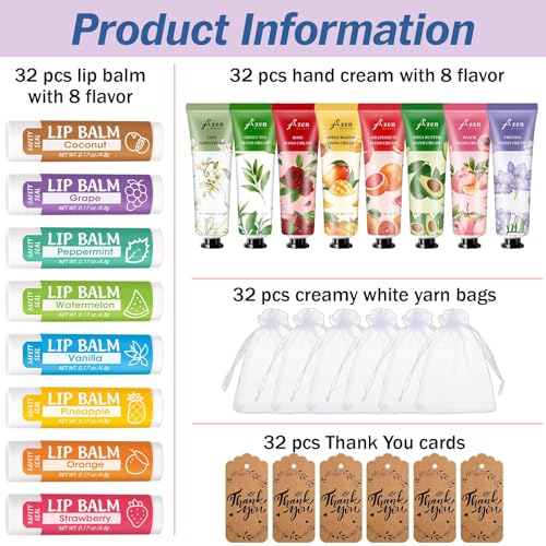 AZEN 32 Sets Bulk Gifts, Hand Cream and Lip Balm Bulk Set with Organza Bag Thank You Card, Baby Shower Wedding Gifts for Guests, Bridal Wedding Favors for Guests,Thank You Gifts for Women