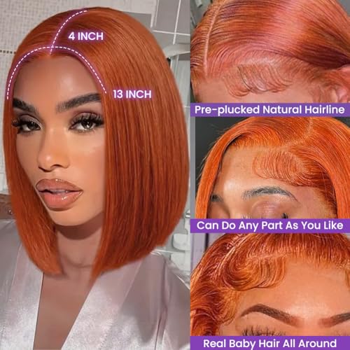 #350 Ginger Bob Lace Front Wig Human Hair 13x4 HD Transparent Lace Frontal Wigs Pre Plucked Short Straight Bob Wig for Black Women with Baby Hair 180% Density Brazilian Orange Ginger Wig 8 Inch