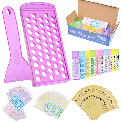 Kare & Kind Lip Balm Crafting Kit - Filling Tray and Spatula - 50 Empty Tubes with Caps (10x5 Colors) - 3/16 Oz (5.5 ml) - 50 Writeable and 50 Printed Stickers - DIY Kit
