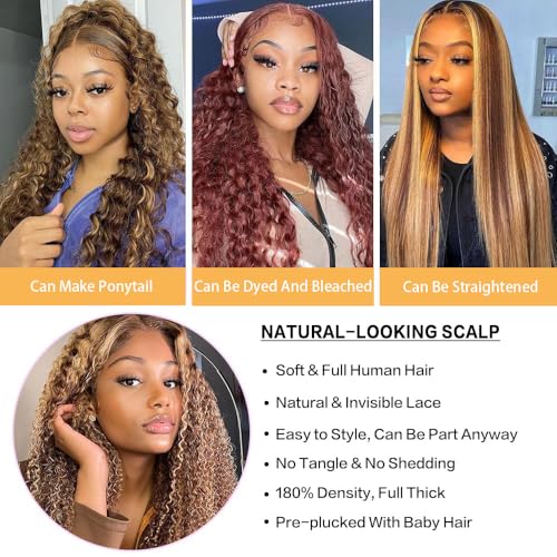 22 inch Highlight Ombre Lace Front Wig Human Hair 13x6 HD Honey Blonde 4/27 Deep Wave Lace Frontal Wigs Human Hair 200% Density Pre Plucked for Women