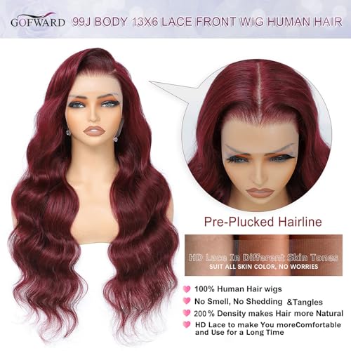 99j Burgundy 13x6 Body Wave Lace Front Wigs Human Hair 200% Density Glueless HD Transparent Lace Frontal Wigs Human Hair Pre Plucked With Baby Hair Burgundy Wine Red Wigs For Women 32 Inch