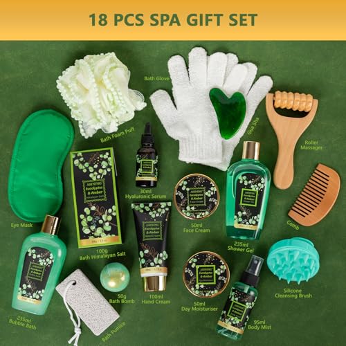 Home Spa Gift Basket, Bath Spa Kit for Women & Men, Bath & Shower Spa Gift Basket Set with Body Lotion, Shower Gel, Bubble Bath, Bath Bomb, Bath Gift Set for Mother, Wife Her, Eucalyptus & Amber Scent
