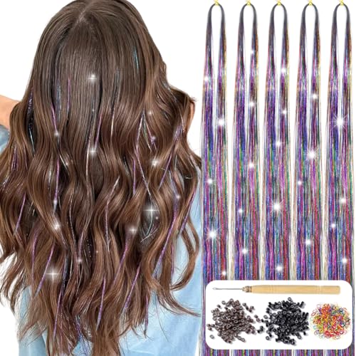 Hair Tinsel Kit with Tools 48 Inch 1200 Strands Colorful Tinsel Hair Extensions Fairy Hair Tinsel Kit Heat Resistant Sparkling Glitter Tensile Hair Accessories for Girls Women Kids