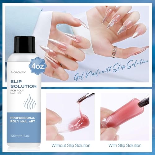 Morovan Poly Gel Slip Solution 120ml Extension Nail Liquid Slip Solution Anti-stick Poly Gel Slip Solutions for Poly Nail Gel with Brush Bottle Cap as A Liquid Cup Easy DIY Poly Gel Nail