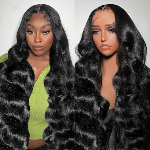 13x6 Lace Front Wigs Human Hair Pre Plucked 200% Density Body Wave HD Lace Front Wigs Human Hair Transparent Frontal Glueless Wigs Virgin Human Hair with Baby Hair for Women 32 Inch Natural Black