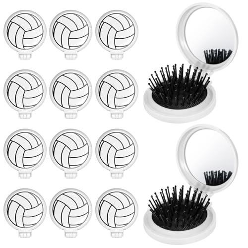 12 Pcs Volleyball Mini Detangler Brush, Folding Mirror Hair Brushes, Mini Travel Hair Brush, No Tangle Soft Flexible Bristles for Straight, Curly, Thick Hair for Volleyball Team Gift Sport Party
