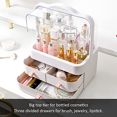 "Makeup Organizer, Dustproof Cosmetic Storage Box with Portable Handle & Fully Open Waterproof Lid for Bathroom Countertop Bedroom Dresser(White)"