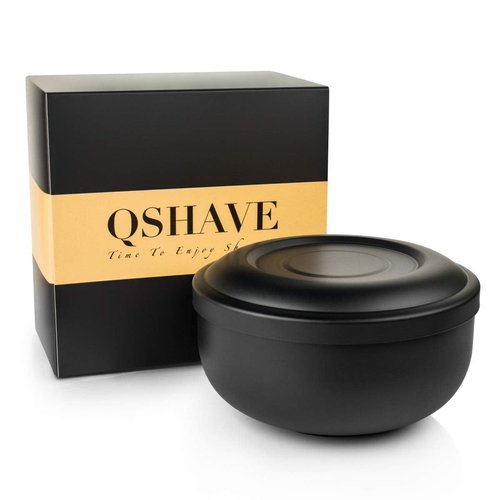 QSHAVE Stainless Steel Shaving Bowl with Lid 4 Inch Diameter Large Deep Size Matte Black Chrome Coating