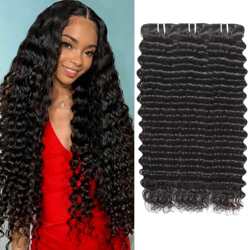 12A Depp Wave Human Hair Bundles 22 24 26 Inch Deep Curly Bundles Human Hair Extensions 100% Unprocessed 3 Bundle Brazilian Virgin Human Hair Quick Weave Natural Color