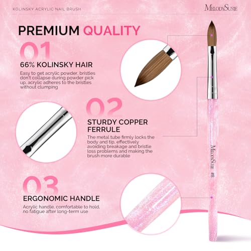 MelodySusie Kolinsky Acrylic Nail Brush,66% Kolinsky Hair Professional Nail Art Brush for Acrylic Application, Aurora Collection Fine Glitter Brush, Size 8