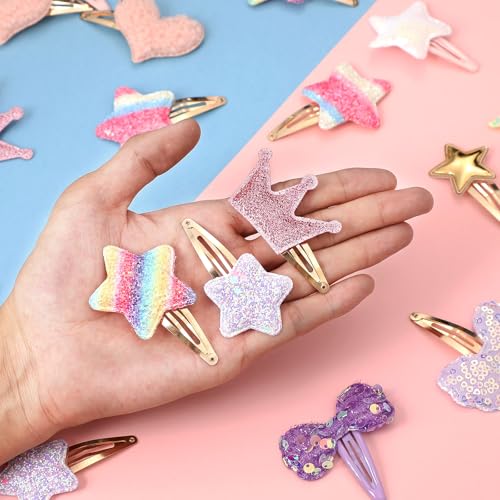 16 Pcs Hair Clips for Teens,Sparkly Metal Snap Barrettes, Cute Glitter Toddler Flower/Star/Crown/Heart/Butterfly Hair Accessory Multicolor Shaped Hair Accessories