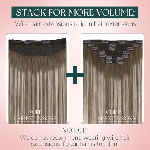 Easyouth Wire Hair Extensions Balayage Hair Extensions Invisible Wire Human Hair Medium Brown Fading to Platinum Blonde Mix Brown Fish Line Hair Extension Human Hair Ombre for Long Hair 20 Inch 100g