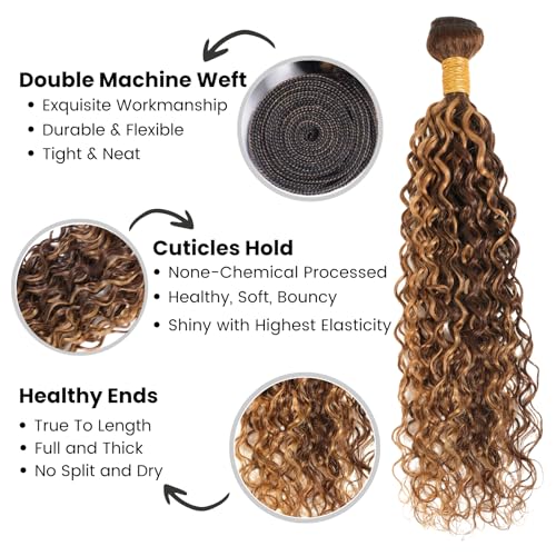ALHER Water Wave Ombre 3 Bundles 18 20 22 Inch Honey Blonde Highlight Bundles Human Hair Wet and Wavy Brown P4/27 Piano Color 3 for Black Women Soft Thick 12A 100% Brazilian Virgin Remy Hair